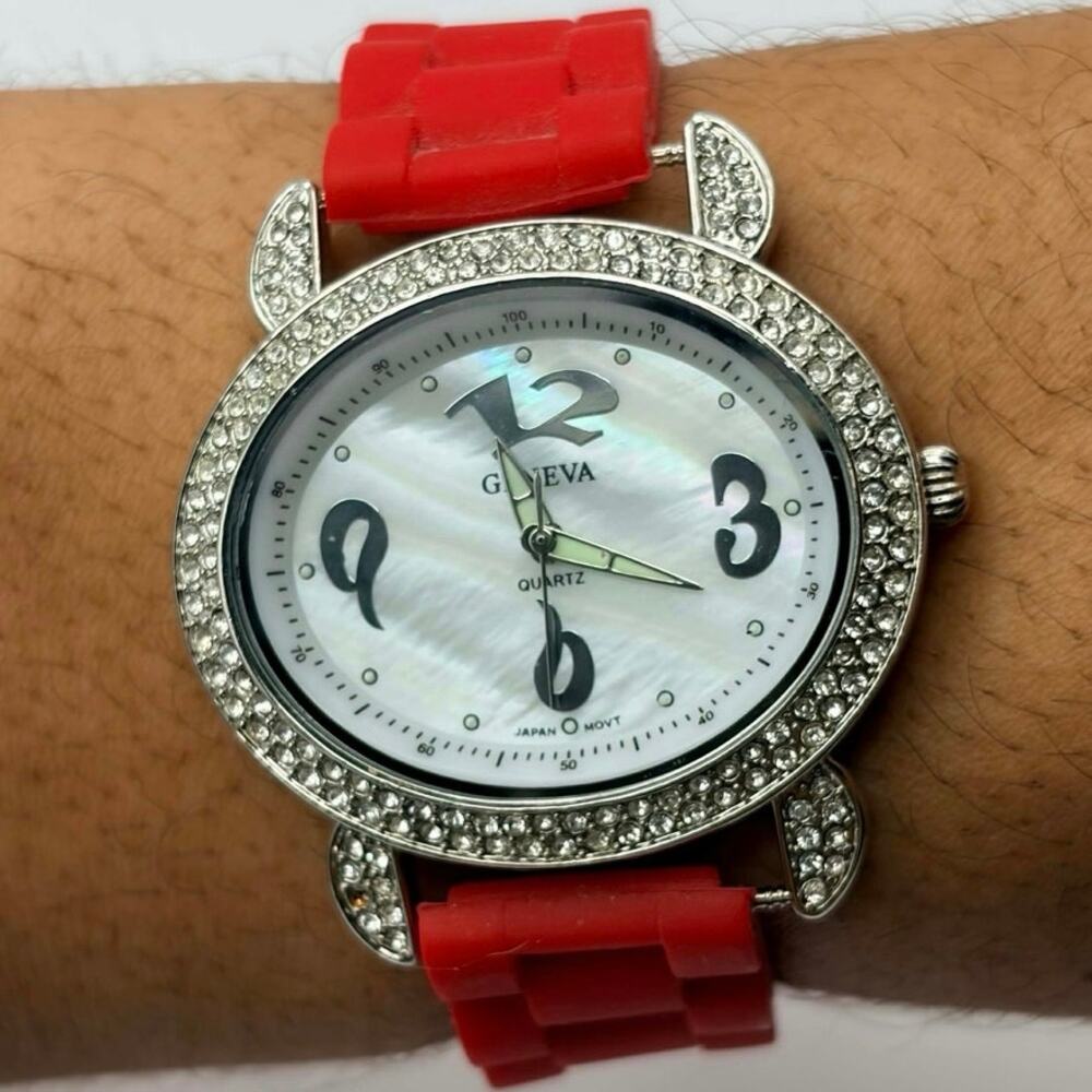 Red & Silver Crystal Geneva Watch